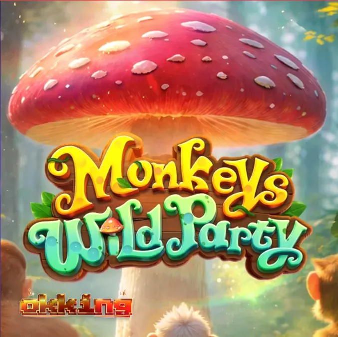 Giao diện trò chơi slot Monkeys Wild Party với các biểu tượng khỉ và nấm rực rỡ